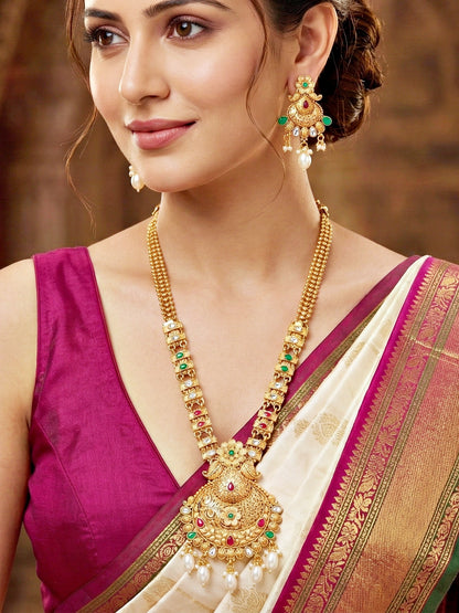 Lucky Jewellery Gold-Plated Ruby & Green Color Long Necklace Set (660-G2SR-203-RG)