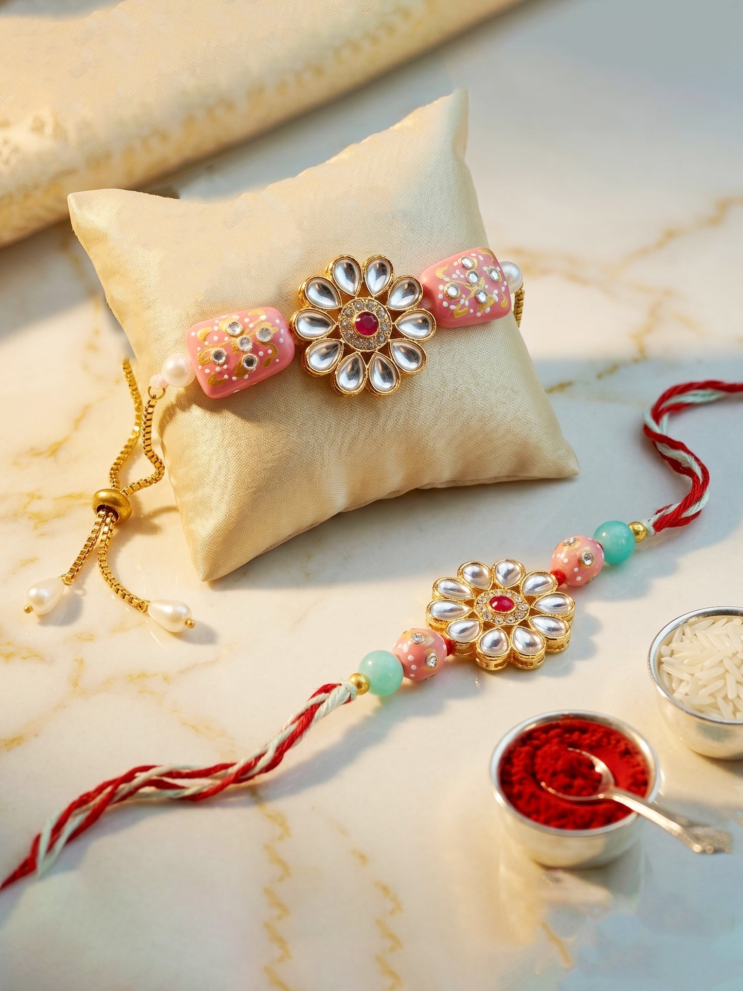 Set of 2 Bhaiya Bhabhi Kundan Rakhi Set with Floral Pendant, Hand-Painted Pink Beads, Roli Chawal (173-CHR1-1849-2-2026)