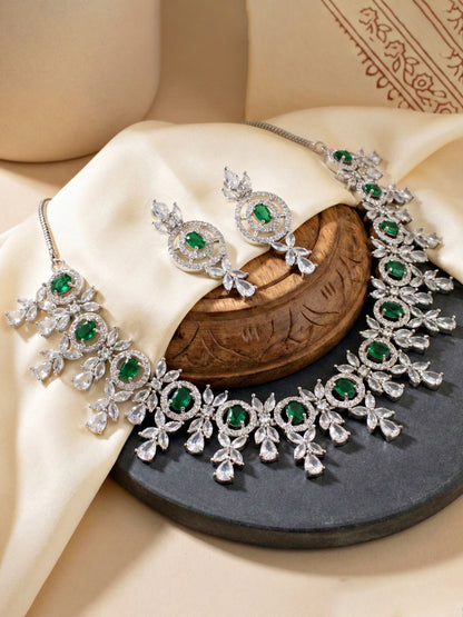 Silver-Tone Green Stone & American Diamond Necklace Set with Earrings for Women – Office, Party & Function Wear (1717-K4SA-2242-G-S)