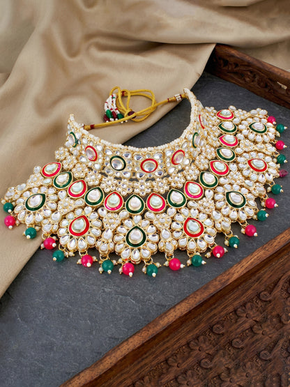 Bridal Kundan Red Green Multicolor Heavy Choker Jewellery Set with Hathphool & Nath (2640-IZK-551-RG)