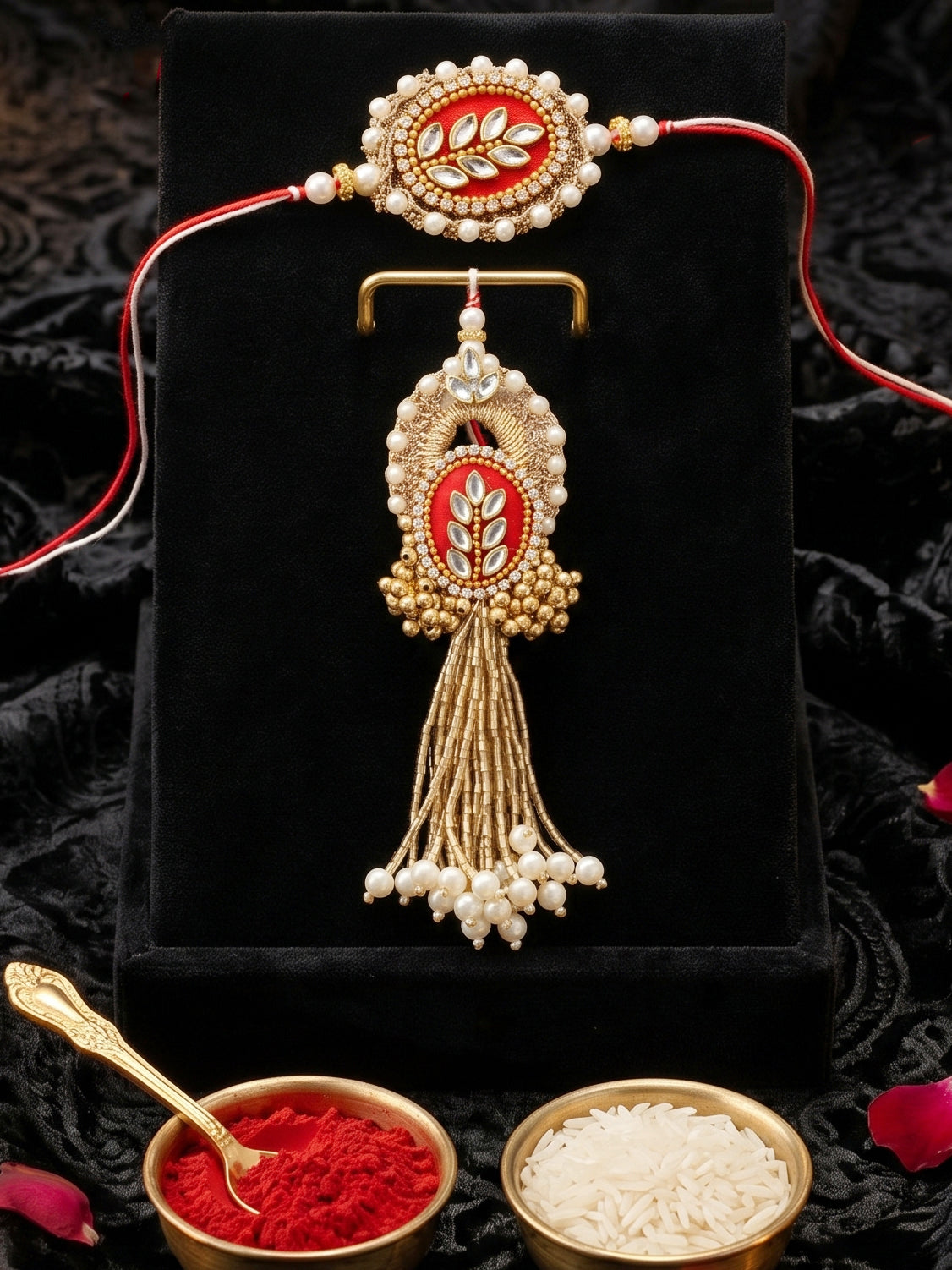Designer Red Kundan Bhaiya Bhabhi Rakhi Set | Gold Lumba Tassel & White Beaded Matching Rakhi (216-S7R1-PJ7001-M)