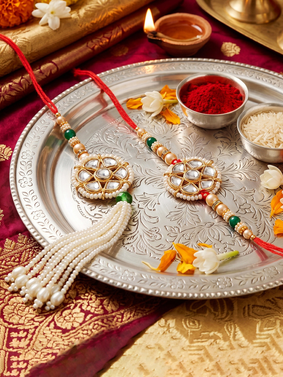 Set of 2 Bhaiya Bhabhi Rakhi Set with Floral Kundan, Green & White Beads, Tassel Lumba, Roli Chawal (118-JPCR1-1850-2-2026)