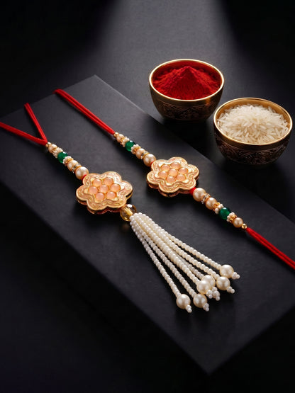 Set of 2 Bhaiya Bhabhi Rakhi Set with Floral Peach Pendant, Green & Gold Beads, Tassel Lumba (130-JPCR1-1857-PH-2-2026)