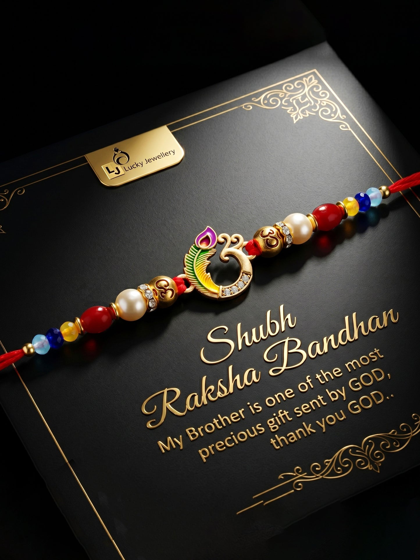 Traditional Om & Peacock Spiritual Beaded Rakhi For Brother With Roli Chawal & Card (72-S5R1-AR2903)