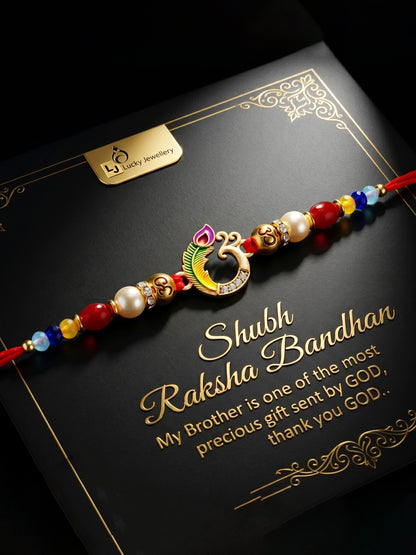 Traditional Om & Peacock Spiritual Beaded Rakhi For Brother With Roli Chawal & Card (72-S5R1-AR2903)