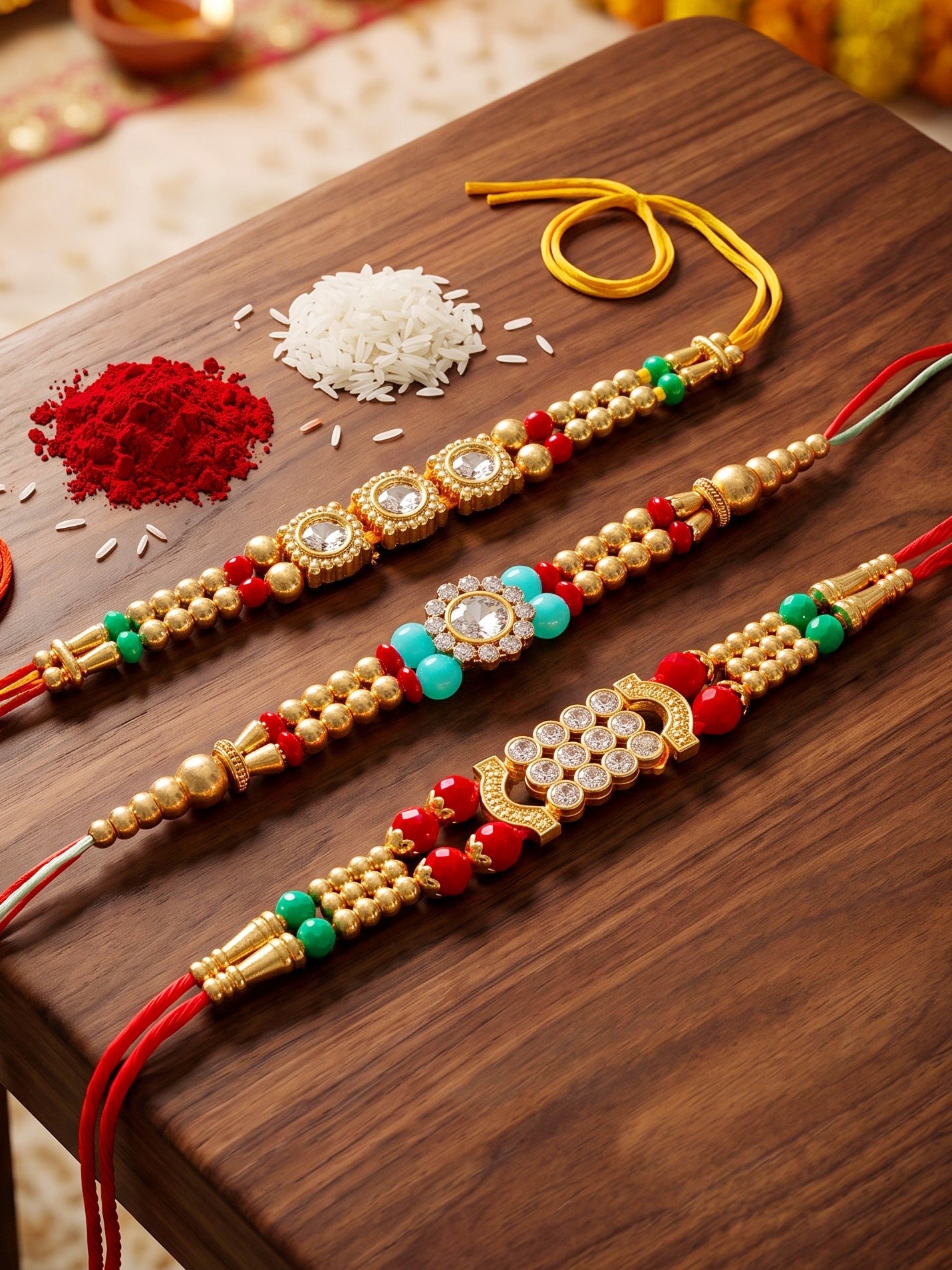 Lucky Jewellery Set of 3 Rakhi with Small Crystal Centerpieces, Gold-Tone & Colored Beads, Roli Chawal & Card (48-S7R1-2312-3)