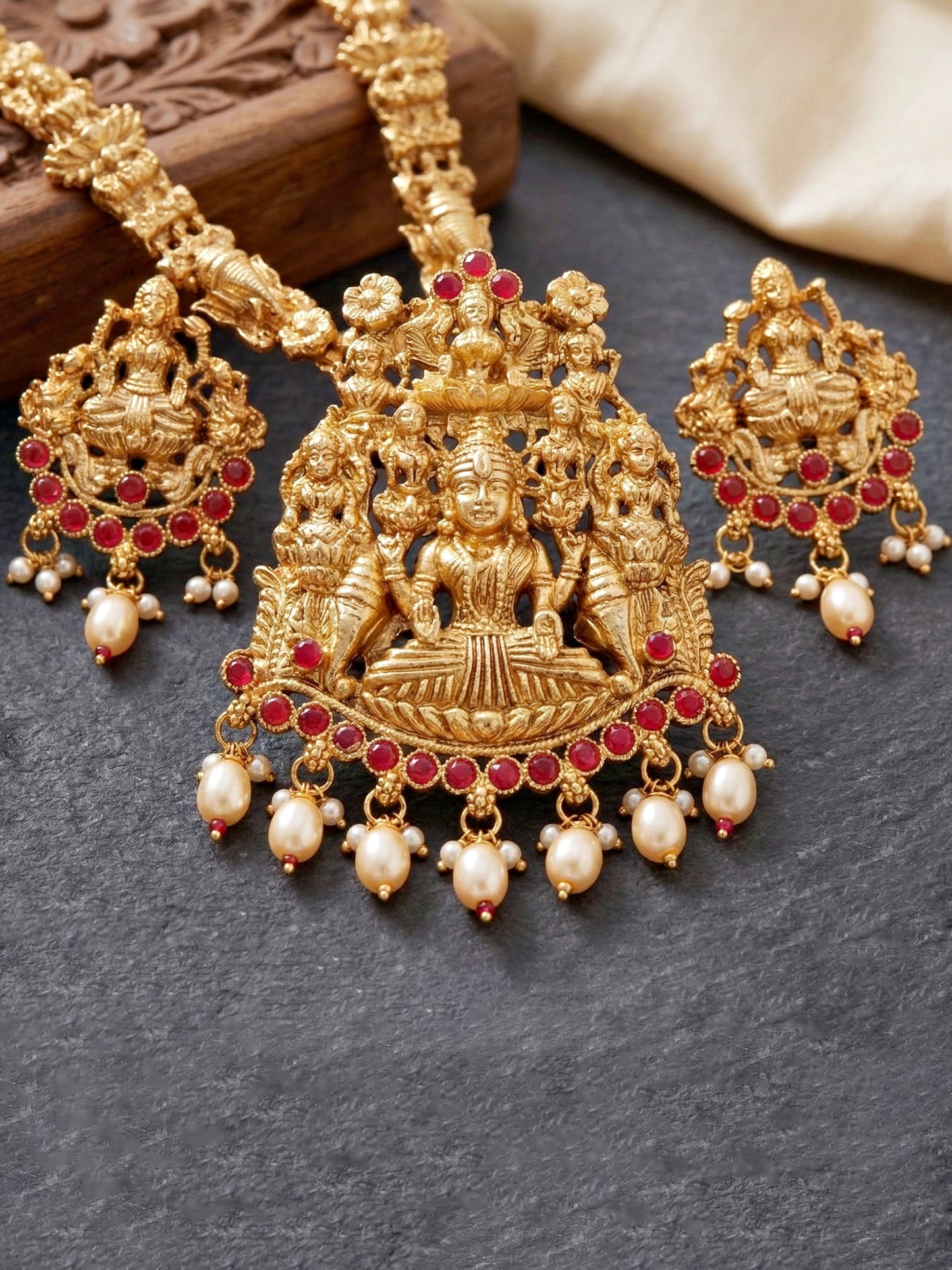 Lucky Jewellery Gold-Plated Laxmi Idol Temple Ruby Color Necklace Set (660-G2SR-196-R)