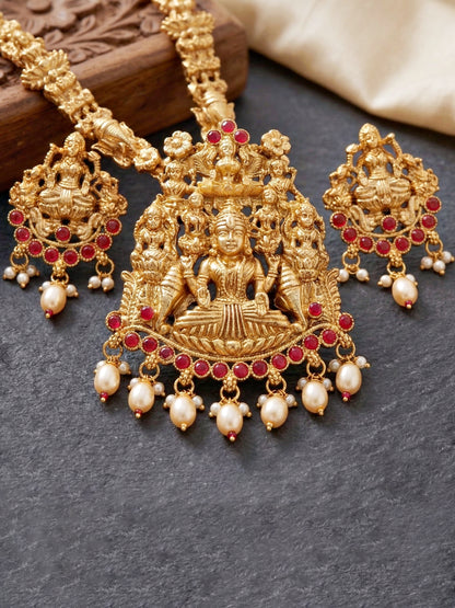 Lucky Jewellery Gold-Plated Laxmi Idol Temple Ruby Color Necklace Set (660-G2SR-196-R)