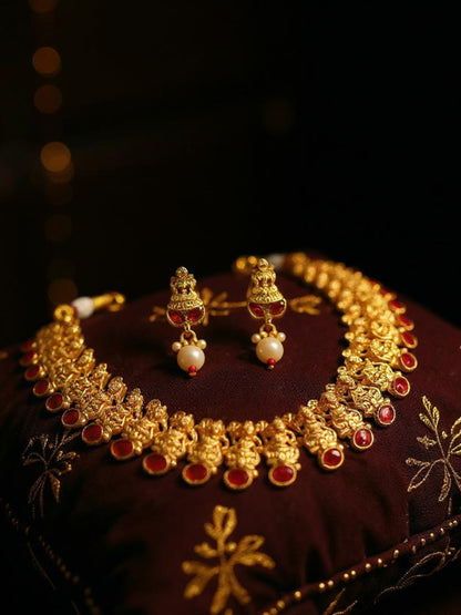 Traditional Temple Jewellery Goddess Lakshmi Design Necklace with Earrings