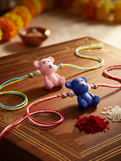 Set of 2 Cute Teddy Bear Kids Rakhi in Pink & Blue with White Beads, Roli Chawal & Card (105-CHR1-1206-PKB-2-2026)