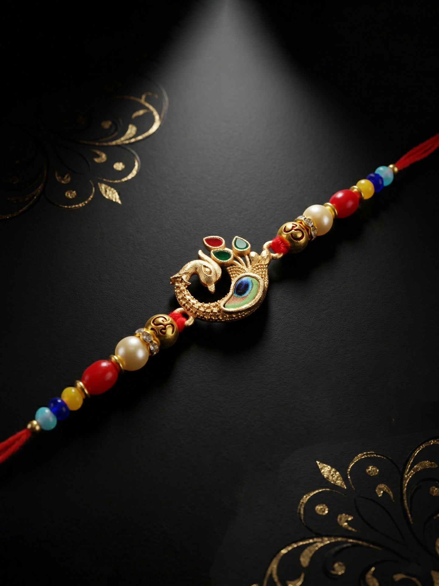 Elegant Peacock Rakhi for Brother with Roli Chawal and Card | Traditional Enamel Beaded Rakhi (72-S5R1-AR2972)