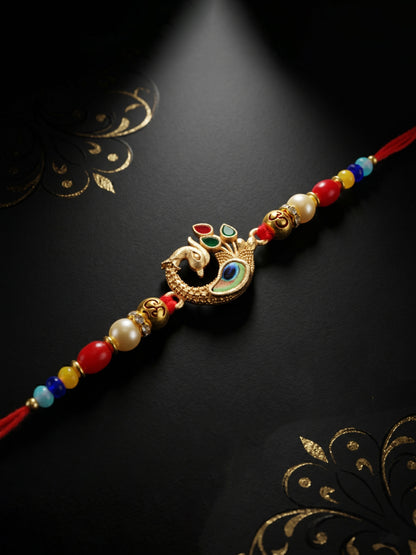 Elegant Peacock Rakhi for Brother with Roli Chawal and Card | Traditional Enamel Beaded Rakhi (72-S5R1-AR2972)