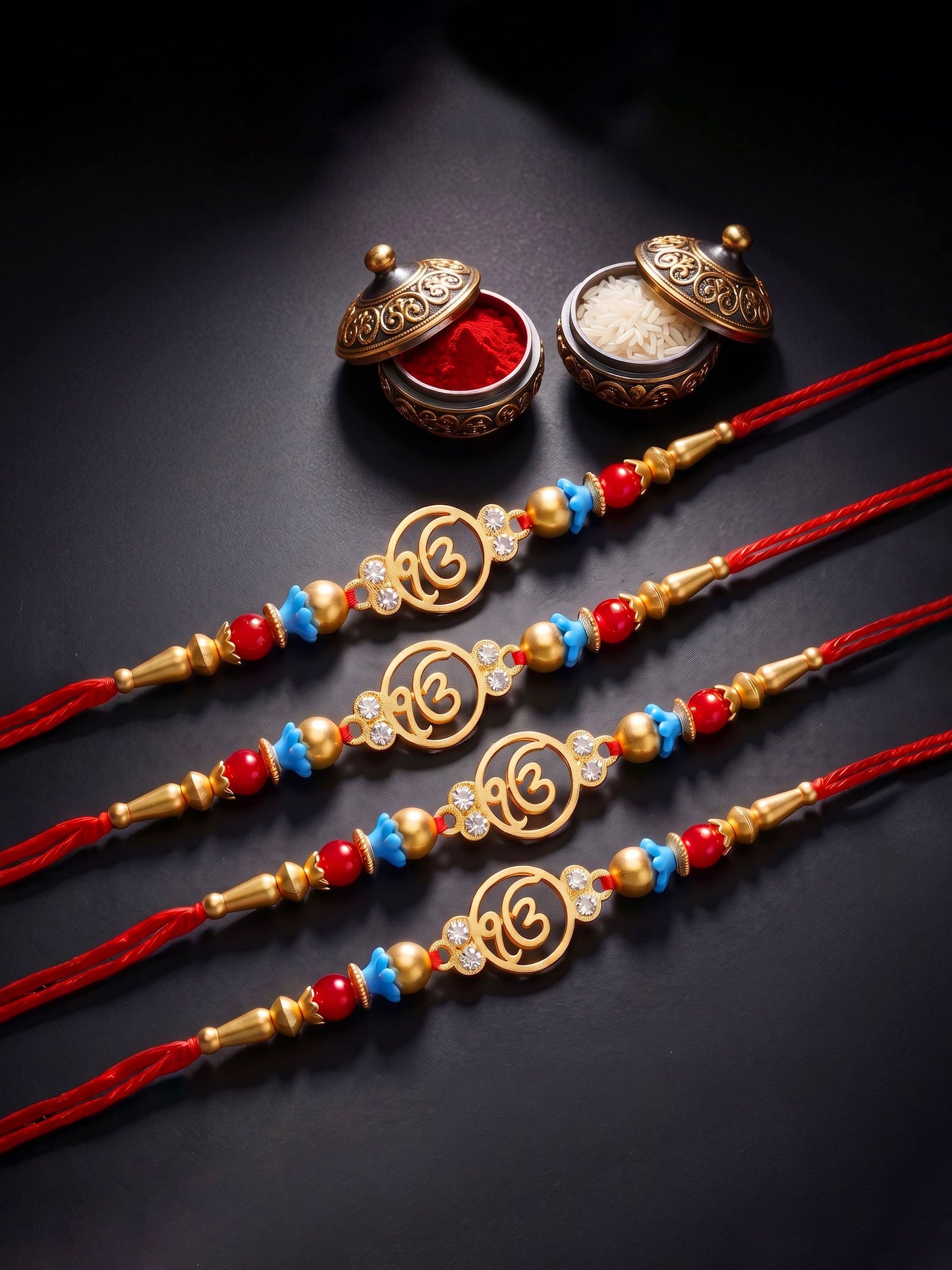 Lucky Jewellery Set of 4 Rakhi with Ek Onkar Pendant, Maroon & Blue Beads, Roli Chawal & Card (62-S7R1-2322-4)
