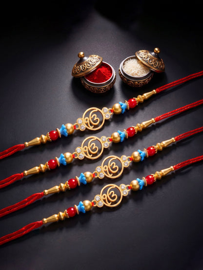 Lucky Jewellery Set of 4 Rakhi with Ek Onkar Pendant, Maroon & Blue Beads, Roli Chawal & Card (62-S7R1-2322-4)