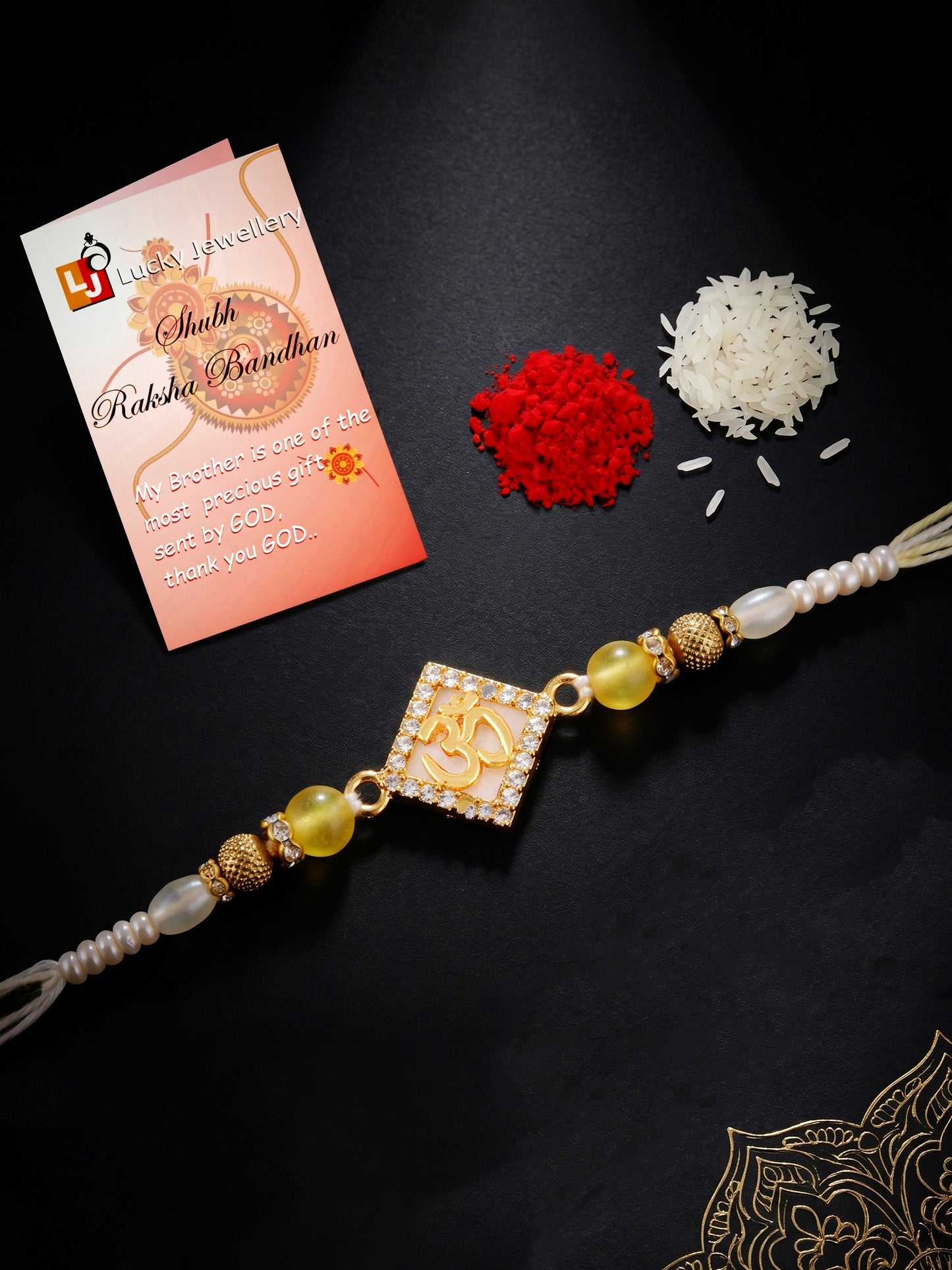Designer Square Om Rakhi For Brother With Roli Chawal And Card | Gold-Tone Rhinestone Studded Rakhi (100-S7R1-IO3801)