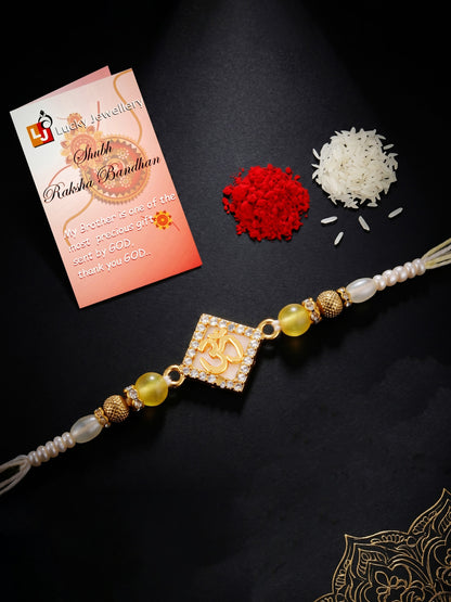Designer Square Om Rakhi For Brother With Roli Chawal And Card | Gold-Tone Rhinestone Studded Rakhi (100-S7R1-IO3801)