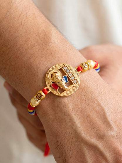 Divine Lord Ganesha & Spiritual Om Beaded Rakhi Set For Brother | With Roli Chawal & Greeting Cards (72-S5R1-AR2922)