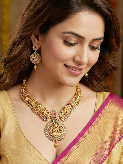 Traditional Antique Gold-Tone Temple Jewellery Necklace Set for Women with Goddess Lakshmi Pendant & Matching Earrings (1122-ISR-2179-R)