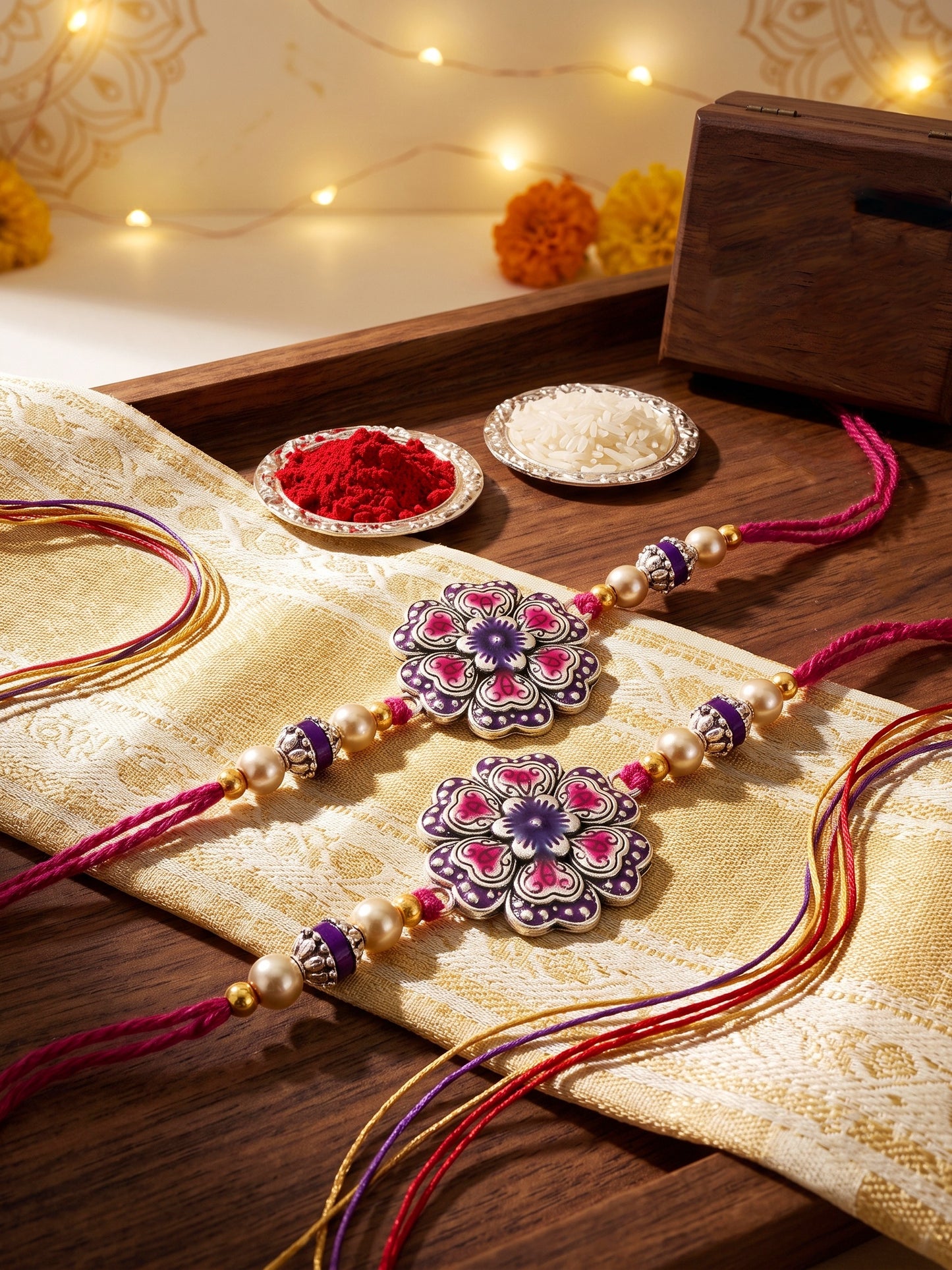 Set of 2 Magenta Floral Rakhi for Brother with Purple Accents, Beads, Roli Chawal & Card (108-CHR1-1966-P-S-2-2026)