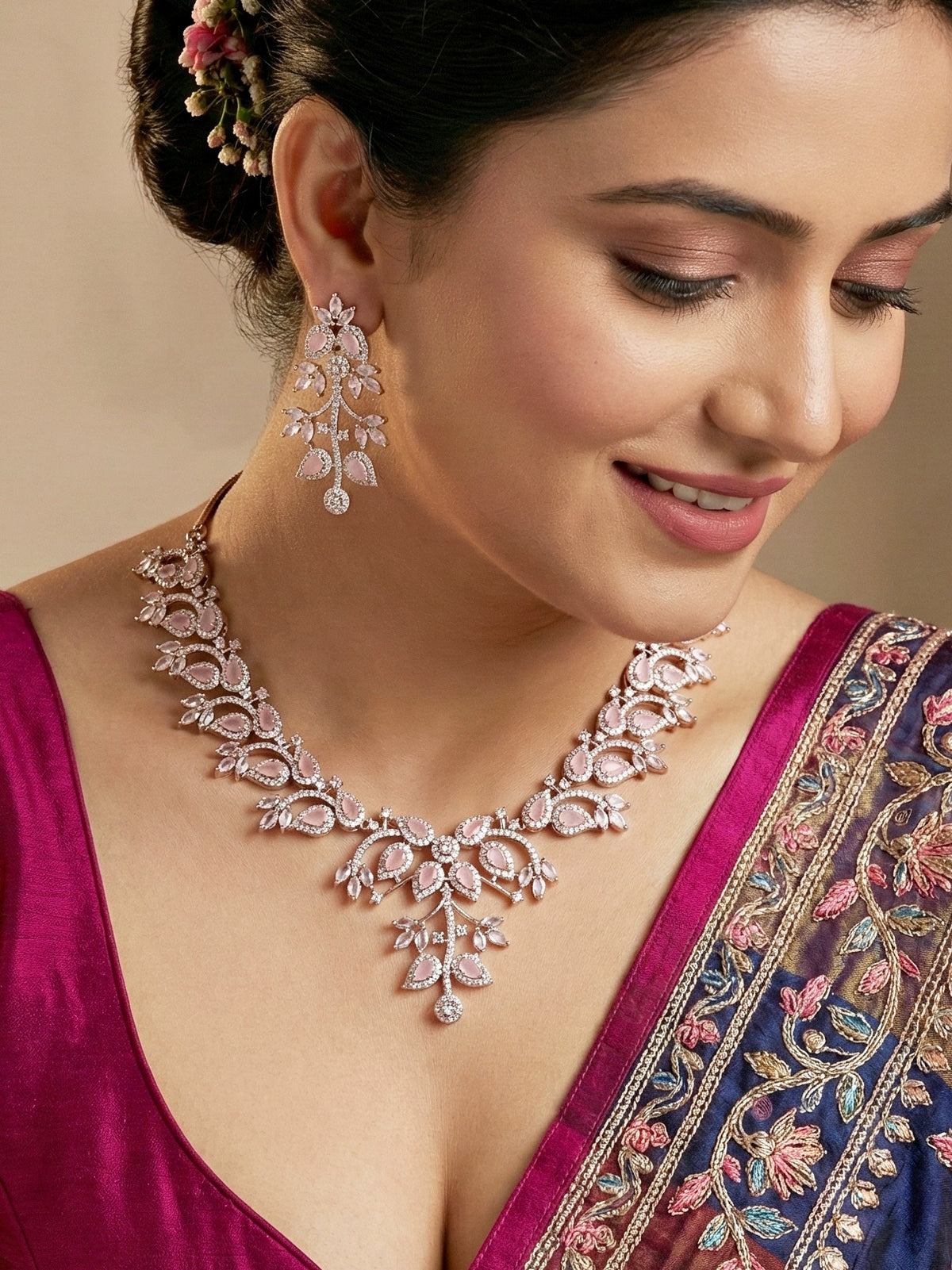 Silver-Tone Pink Stone & American Diamond Necklace Set with Earrings for Women – Office, Party & Function Wear (1948-K4SA-2241-PK-S)