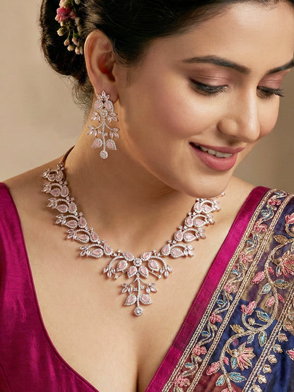 Silver-Tone Pink Stone & American Diamond Necklace Set with Earrings for Women – Office, Party & Function Wear (1948-K4SA-2241-PK-S)