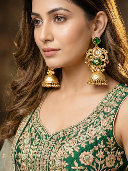 LUCKY JEWELLERY Traditional Gold Plated Green Stone Jhumka Earrings with Ghungroo | Kashmiri Style Designer Jhumki Earrings for Girls & Women | Wedding, Festival, Party & Gift Wear
