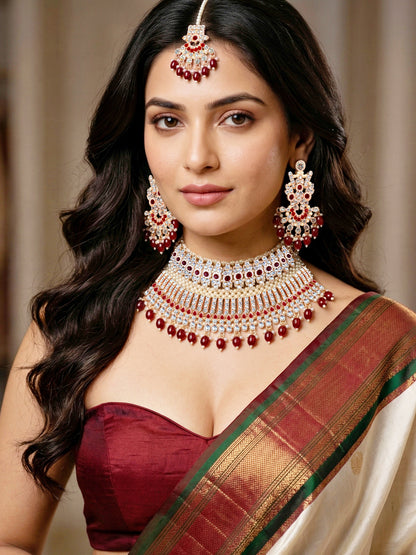 Rose Gold Plated AD Maroon Stone & Pearl Bridal Choker Jewellery Set with Maang Tikka (974-B5SP-007-M)