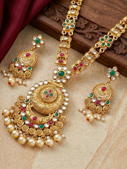 Lucky Jewellery Gold-Plated Ruby & Green Color Necklace Set (732-G2SR-190-RG)