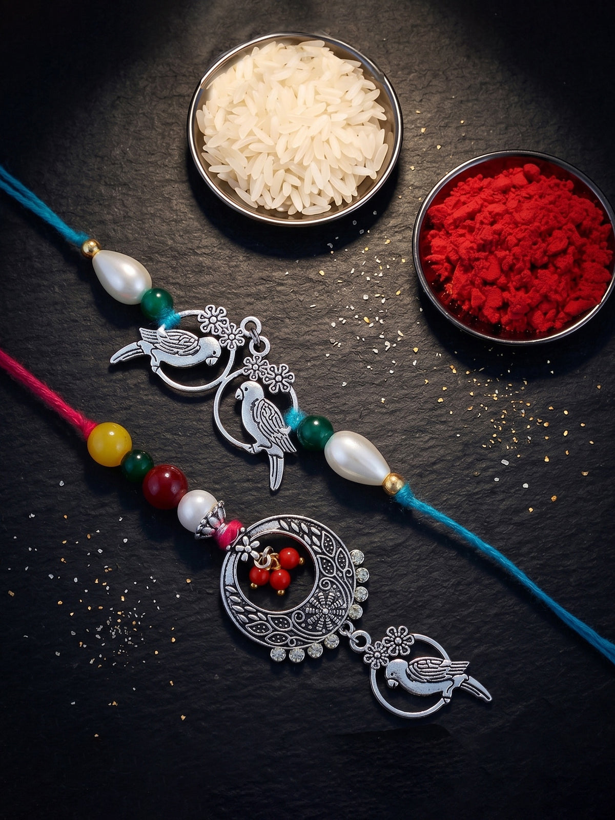 Set of 2 Bhaiya Bhabhi Rakhi Set with Small Bird Pendant, Maroon & Drop Beads, Roli Chawal & Card (108-JPCR1-1952-S-2-2026)