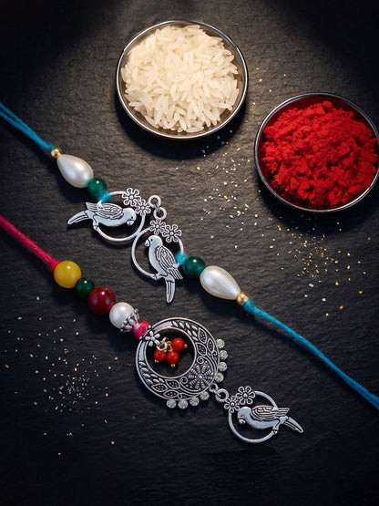 Set of 2 Bhaiya Bhabhi Rakhi Set with Small Bird Pendant, Maroon & Drop Beads, Roli Chawal & Card (108-JPCR1-1952-S-2-2026)