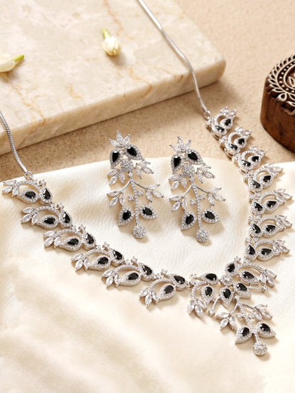 Silver-Tone Black Stone & American Diamond Necklace Set with Earrings for Women – Office, Party & Function Wear (1948-K4SA-2241-BL-S)
