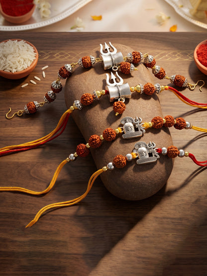 Set of 4 Rakhi with Trishul & Shivling Pendants, Rudraksha Beads, Roli Chawal & Card (220-CHR1-196372-4-2026)