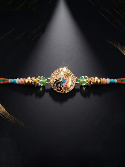 Lucky Jewellery Set of 2 Rakhi with Peacock & Floral Pendants, Blue & Green Beads, Roli Chawal & Card (173-S7R1-2317-2)