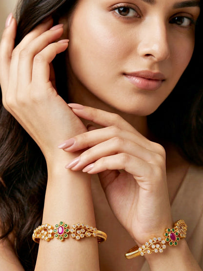 Gold-Plated AD Floral Pink & Green Stone Bangle (612-C1BG-2196-2)