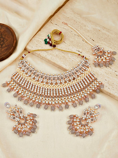 Rose Gold Plated AD Grey Stone & Pearl Bridal Choker Jewellery Set with Maang Tikka (974-B5SP-007-GR)