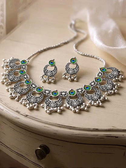 Oxidised Silver Plating Navratri Festival Jewellery Choker Necklace Set