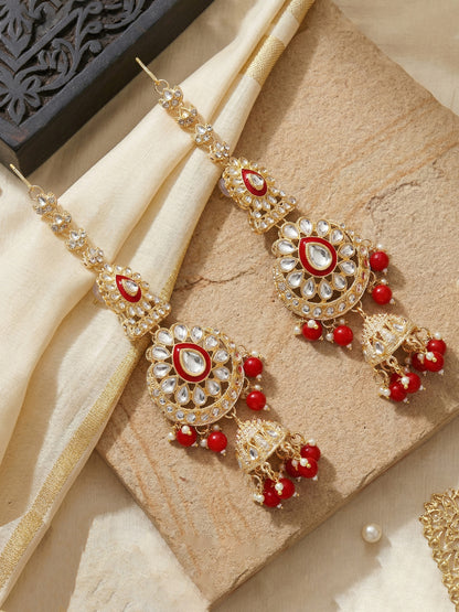 Bridal Kundan Bright Red Heavy Choker Jewellery Set with Hathphool & Nath (2640-IZK-551-RED)
