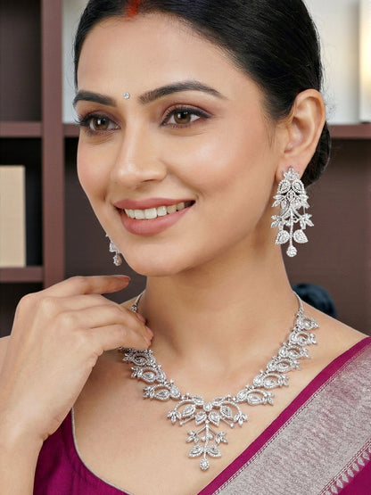 Silver-Tone White Stone & American Diamond Necklace Set with Earrings for Women – Office, Party & Function Wear (1948-K4SA-2241-W-S)