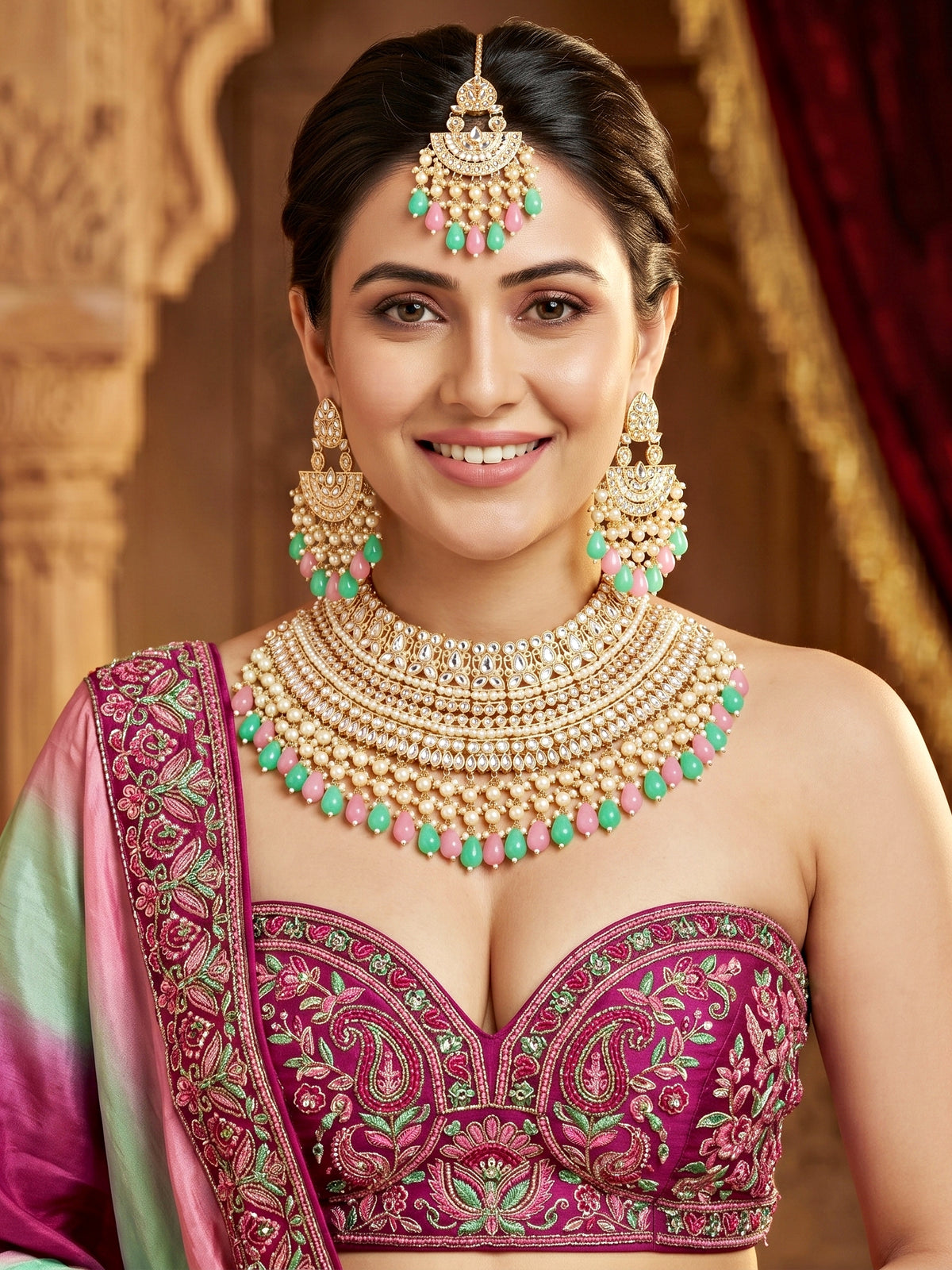 Gold Plated Kundan & Pearl Pink Mint Stone Bridal Choker Jewellery Set with Maang Tikka (1683-ISK-855-PKMNT)