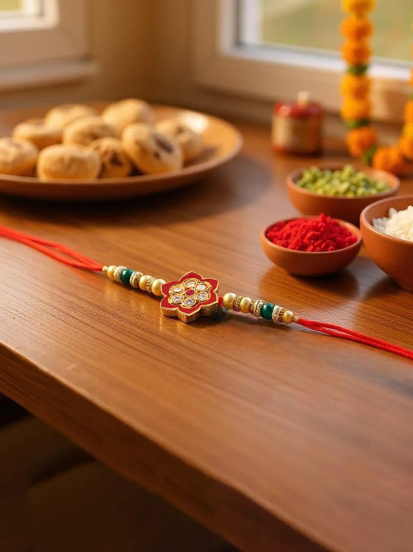 Lucky Jewellery Designer Maroon Color Meena Floral Rakhi - Rakshabandhan Pearl Stone Rakhee with Lumba Bracelet for Brother/Bhaiya/Bhai/Bhabhi - Pack of 2 (118-JPCR1-1847-M-2)