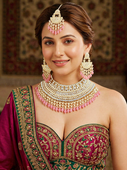 Gold Plated Kundan & Pearl Pink Stone Bridal Choker Jewellery Set with Maang Tikka (1683-ISK-855-PK)