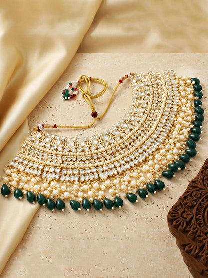 Gold Plated Kundan & Pearl Green Stone Bridal Choker Jewellery Set with Maang Tikka (1683-ISK-855-G)