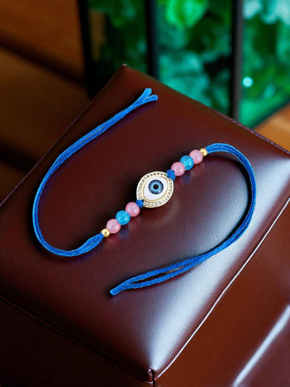 Lucky Jewellery Designer Gold Plated Evil Eye Stone Rakhi - Rakshabandhan Pearl Rakhee Bracelet for Brother Bhaiya Bhai Bhabhi - Pack of 1 (265-CHR1-1191-F-1)