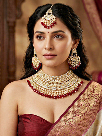 Gold Plated Kundan & Pearl Maroon Stone Bridal Choker Jewellery Set with Maang Tikka (1683-ISK-855-M)