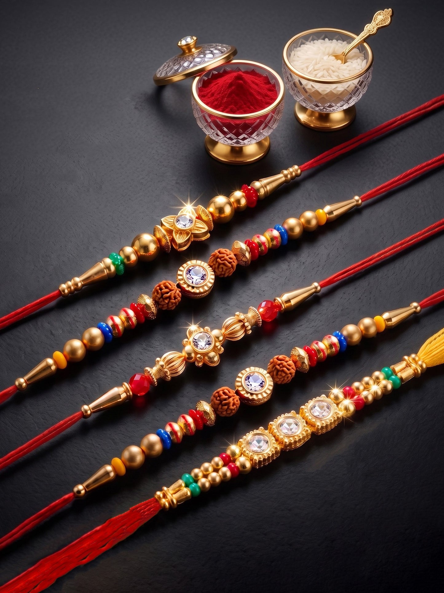 Lucky Jewellery Set of 5 Rakhi with Small Crystal Centerpieces, Gold-Tone & Multicolor Beads, Roli Chawal & Card (61-S7R1-2319-5)
