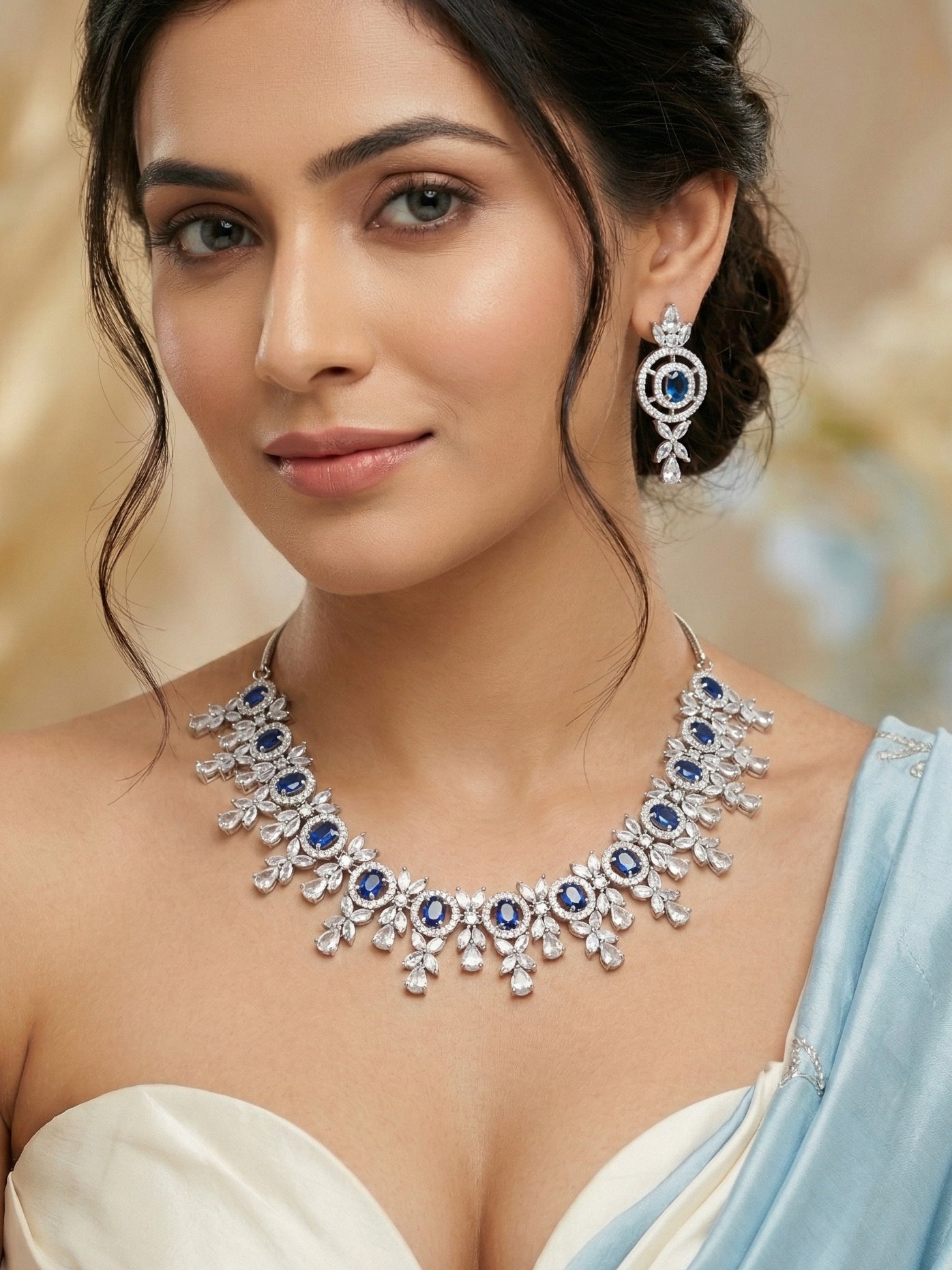 Silver-Tone Blue Stone & American Diamond Necklace Set with Earrings for Women – Office, Party & Function Wear (1717-K4SA-2242-B-S)