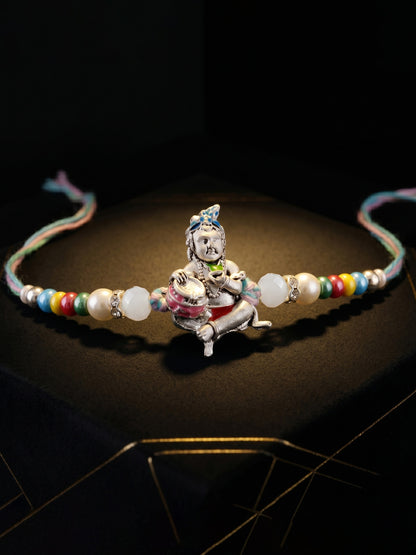 Silver-Tone Bal Gopal Makhan Chor Beaded Rakhi For Brother With Roli Chawal &  Card (102-S5R1-AR2727)
