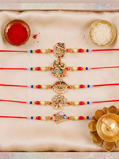 Set of 5 Traditional Divine Rakhis for Bhai | Beaded Radha Krishna & Khatu Shyam Threads | Raksha Bandhan Gift Set with Roli, Chawal & Greeting Card (360-S5R1-2306-5)