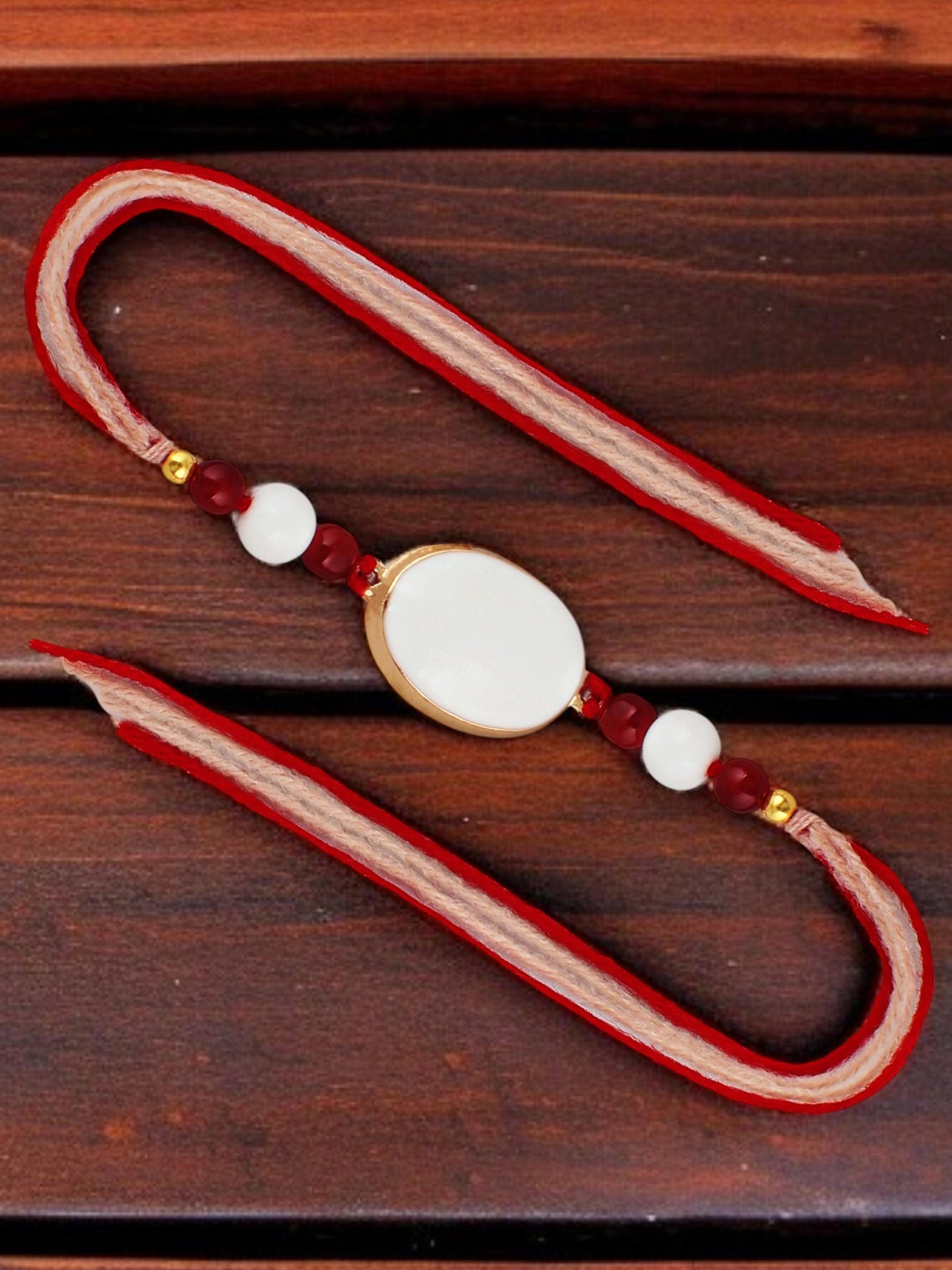 Lucky Jewellery Designer White & Peach Meena Rakhi - Rakshabandhan Rakhee with Tasseled Lumba Bracelet for Brother Bhaiya Bhai Bhabhi - Pack of 2 (265-CHCR1-1151-W-2)