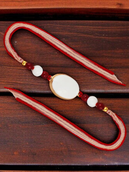 Lucky Jewellery Designer White & Peach Meena Rakhi - Rakshabandhan Rakhee with Tasseled Lumba Bracelet for Brother Bhaiya Bhai Bhabhi - Pack of 2 (265-CHCR1-1151-W-2)